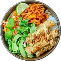 Rice Noodle Salad with vegan spring rolls
